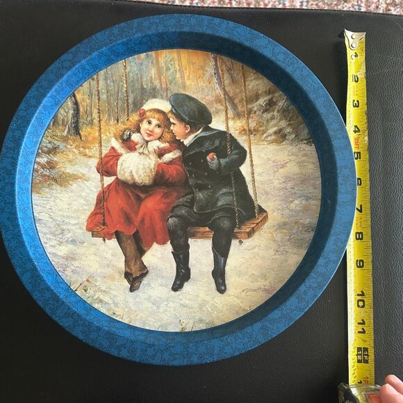 Victorian Boy Girl Winter Scene Swing Tin Serving Tray 12 Diameter - Picture 3 of 6
